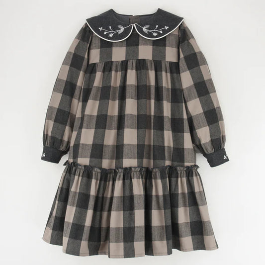 Popelin LS Check Dress w/ Embroidered Collar