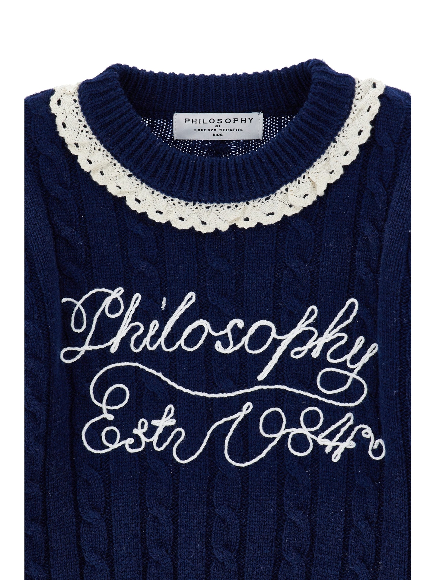 Philosophy Cable Knit Logo Sweater w/ Lace Detail