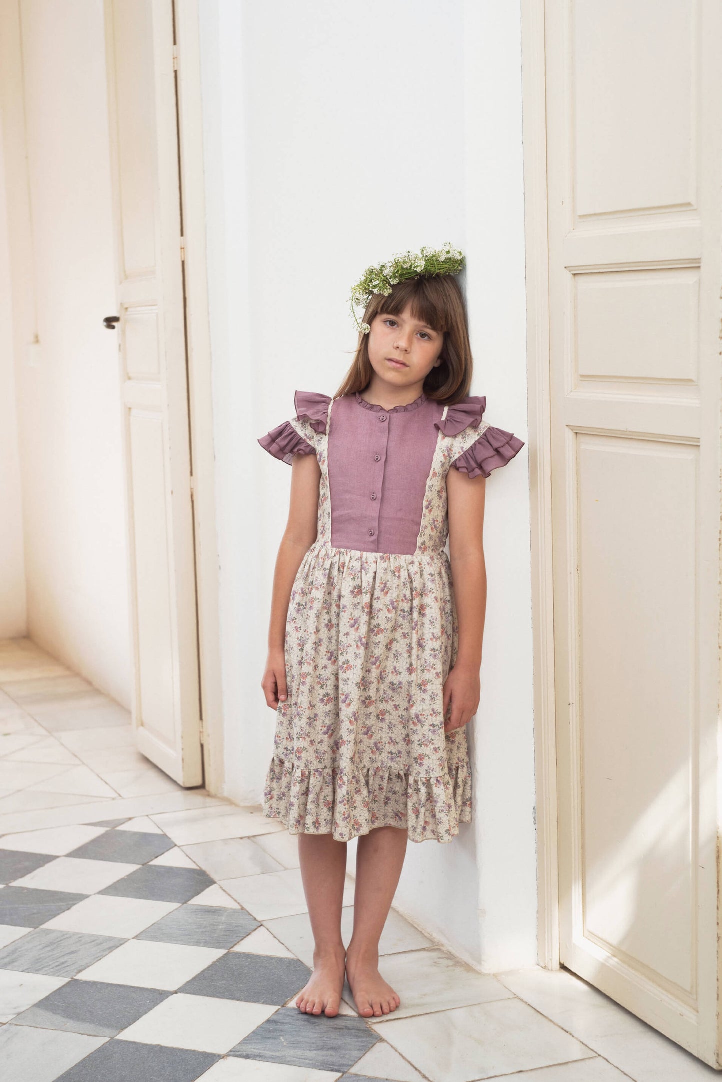Popelin Floral Contrast Dress w/ Frills