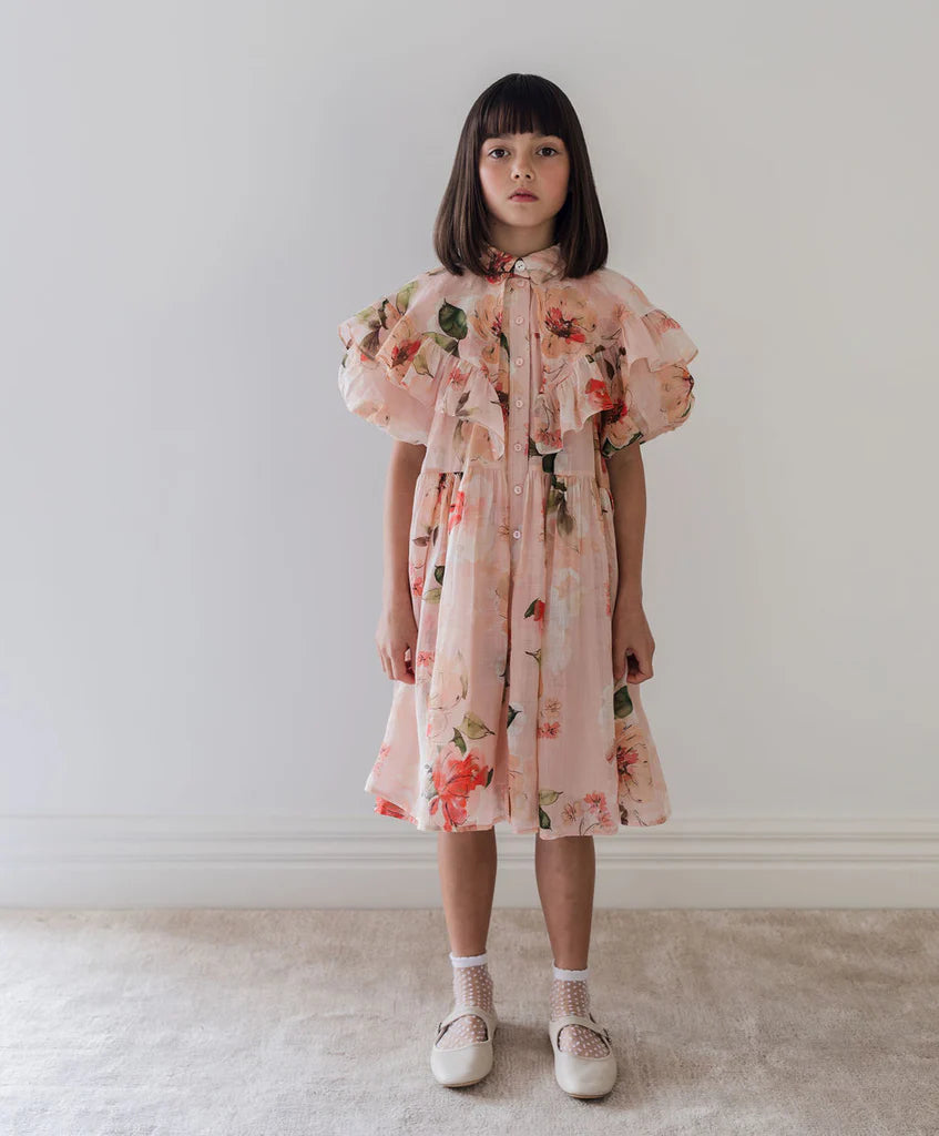 Petite Amalie Peach Peony Linen Collar Dress Peach-Multi / 8Y Petite Amalie Peach Peony Linen Collar Dress Peach-Multi / 8Y