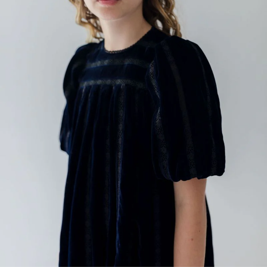 Petite Amalie Vertical Lace Velvet  Dress | Tuesday's Child