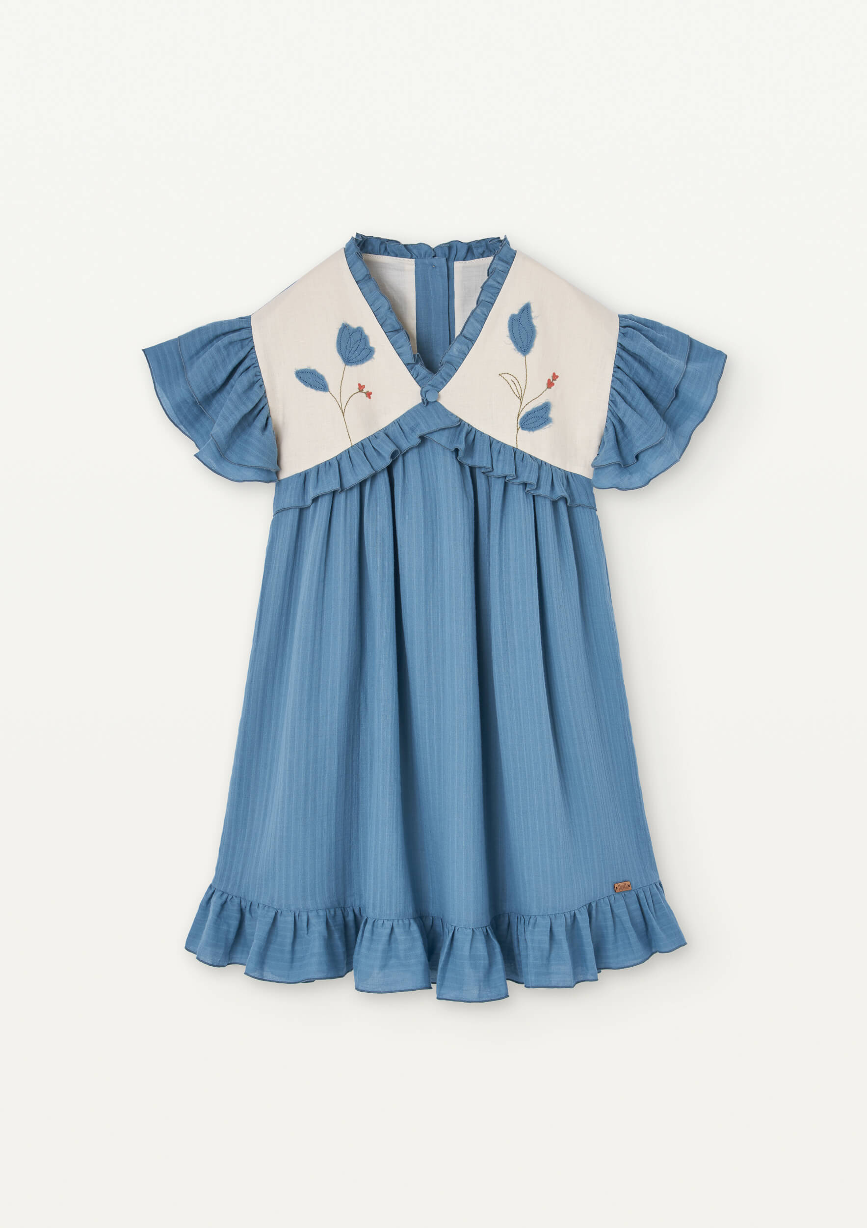Popelin Embroidered Flower Yoke Dress Blue-Off White / 5A Popelin Embroidered Flower Yoke Dress Blue-Off White / 5A