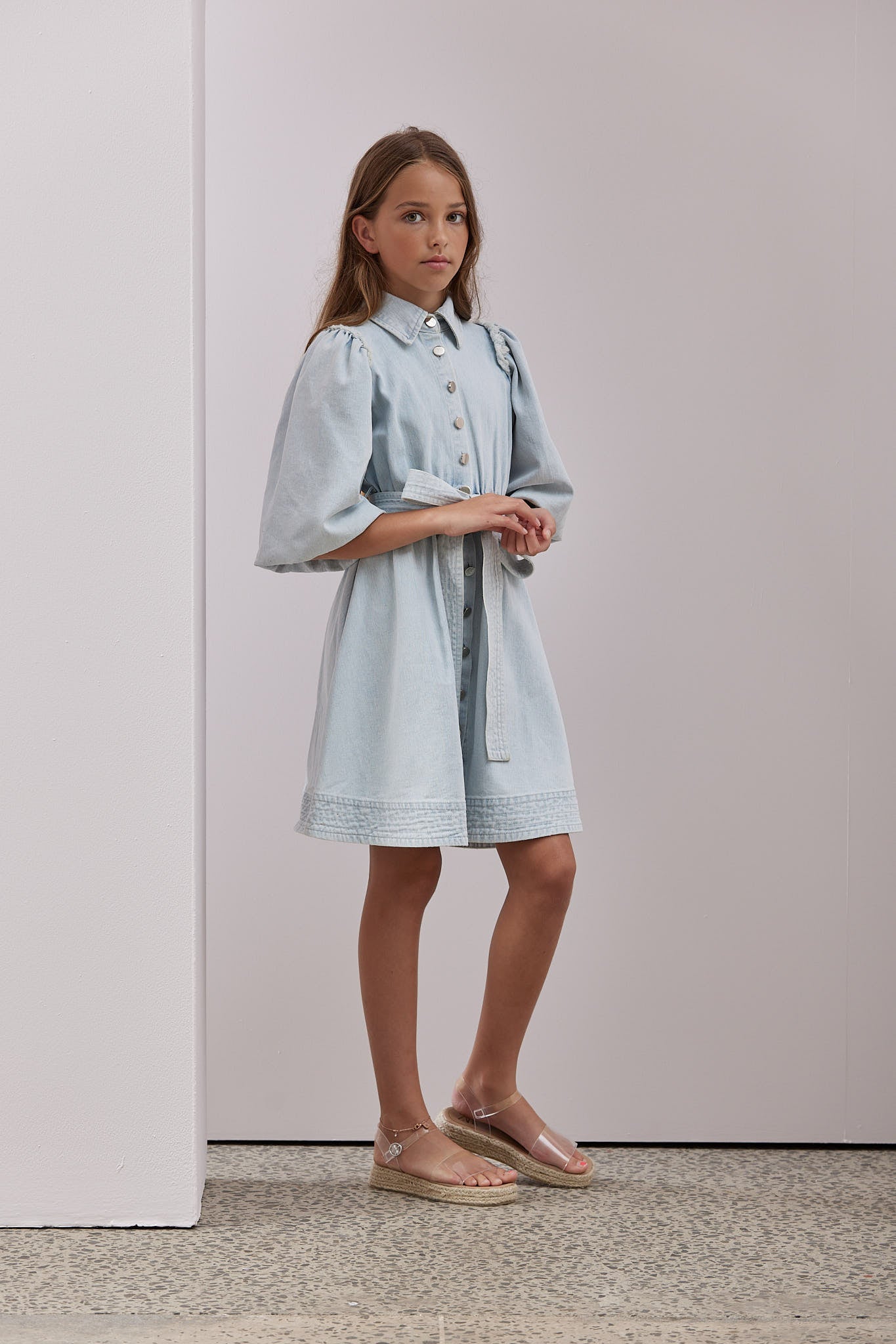 Steph Puffy Sleeved Denim Button Dress w/ Belt