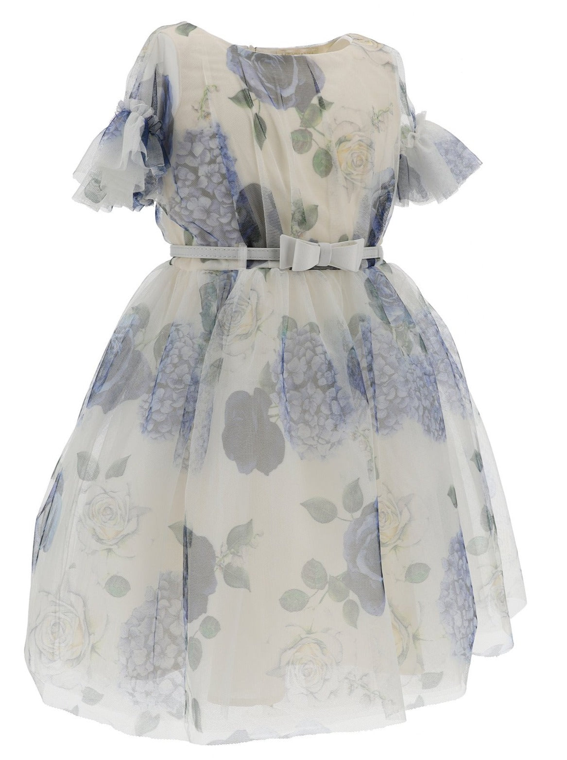 Monnalisa Floral Tulle Flutter Sleeve Dress