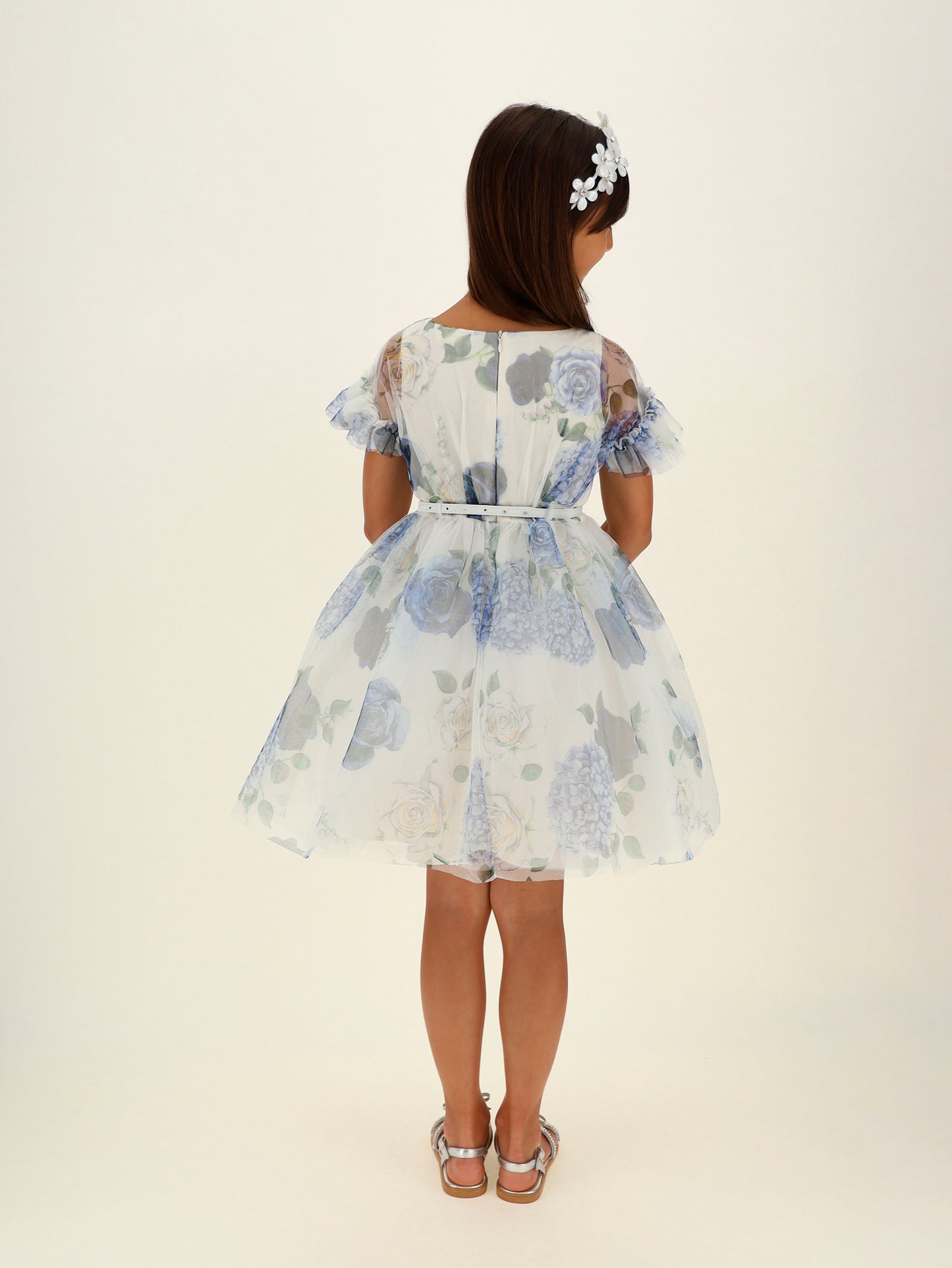 Monnalisa Floral Tulle Flutter Sleeve Dress