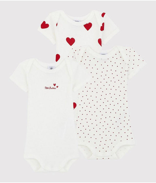 Petit Bateau Girls SS 3PK Heart Print Bodysuit