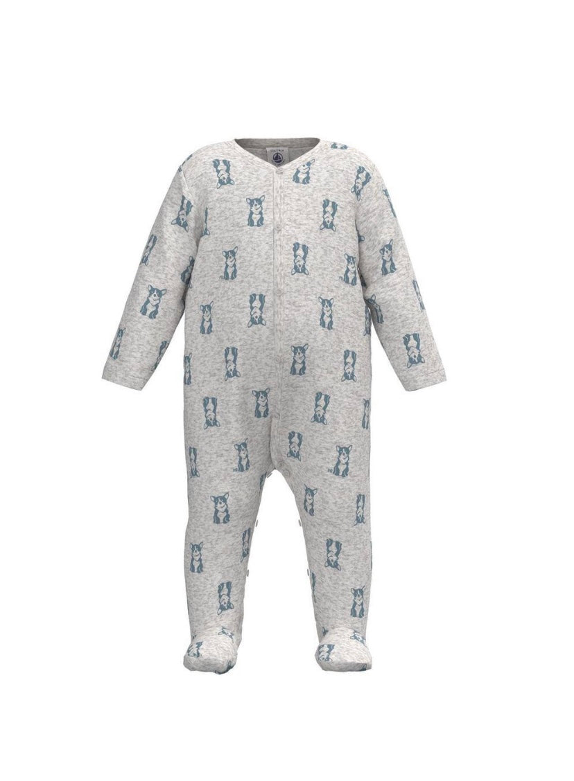 Petit Bateau Baby Boy Front Snap Velour Dog Print Footie