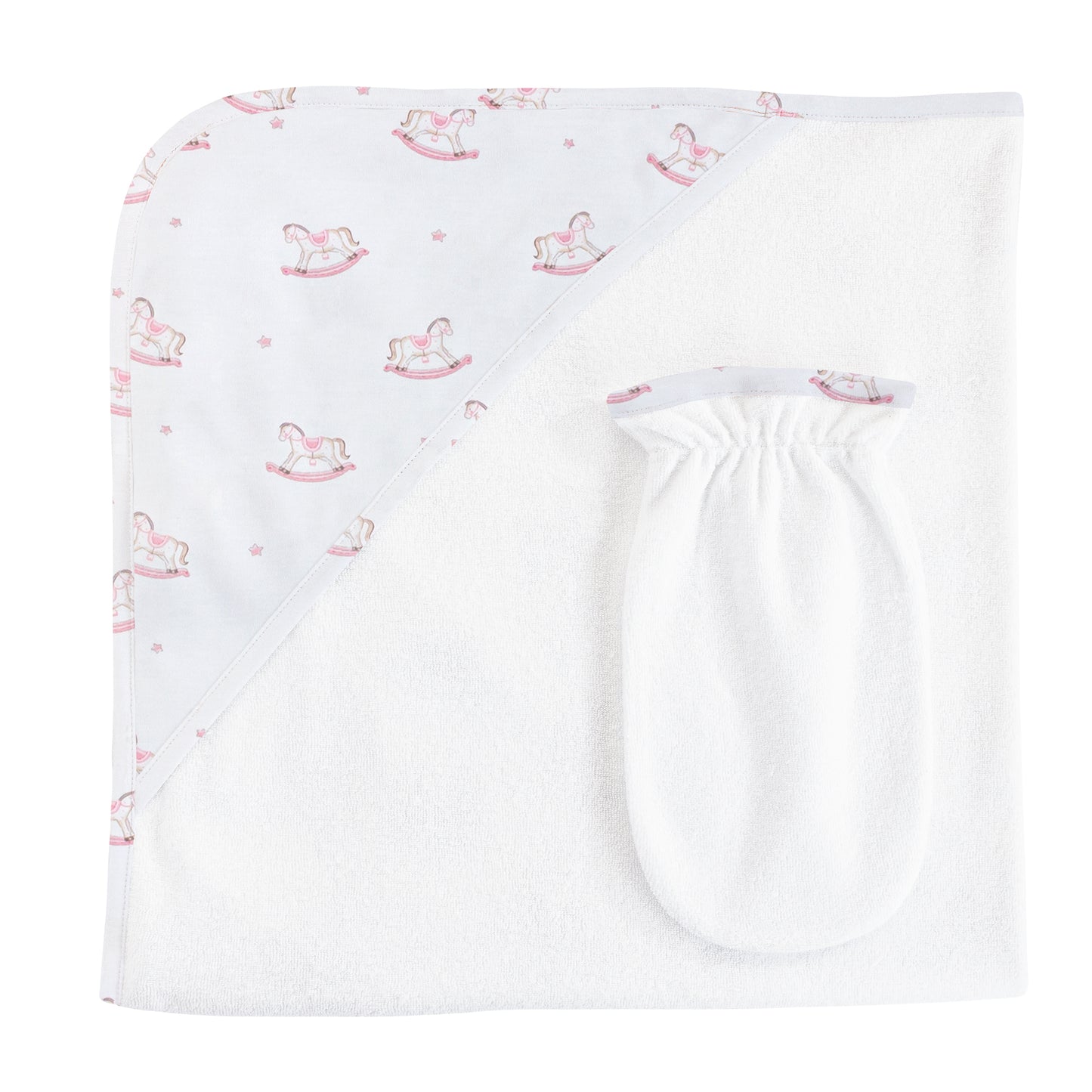 Baby Club Chic Rocking Horse Hooded Towel & Mitt Set (Pink and Blue Colors Available)