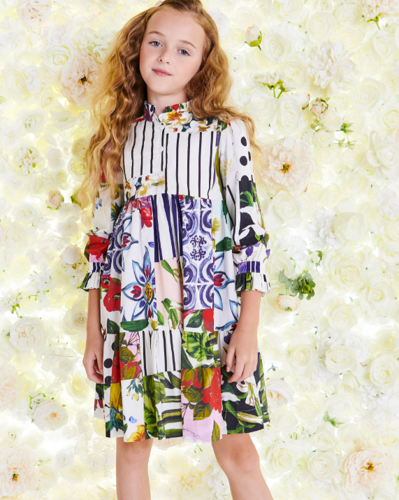 Porter LS Striped Floral Mix Media Tiered Dress