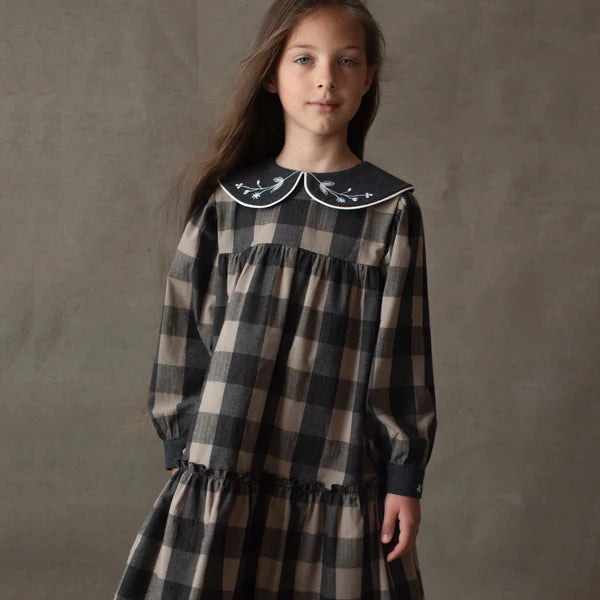 Popelin LS Check Dress w/ Embroidered Collar