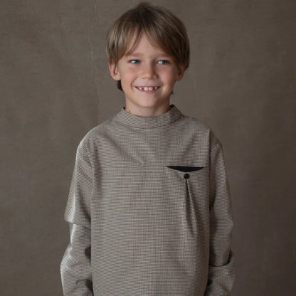 Popelin Long Sleeve Fine Check Mandarin Collar Shirt | Tuesday's Child