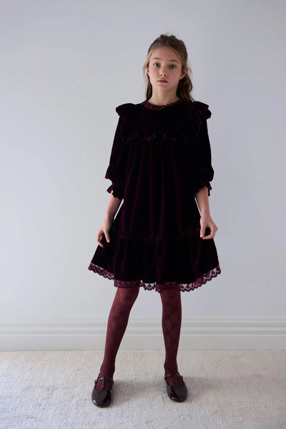 Petite Amalie Lace Trim Velvet Dress