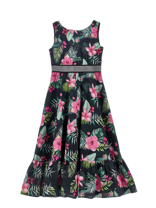 Monnalisa Sleeveless Floral Jungle Print Dress w/ Belt