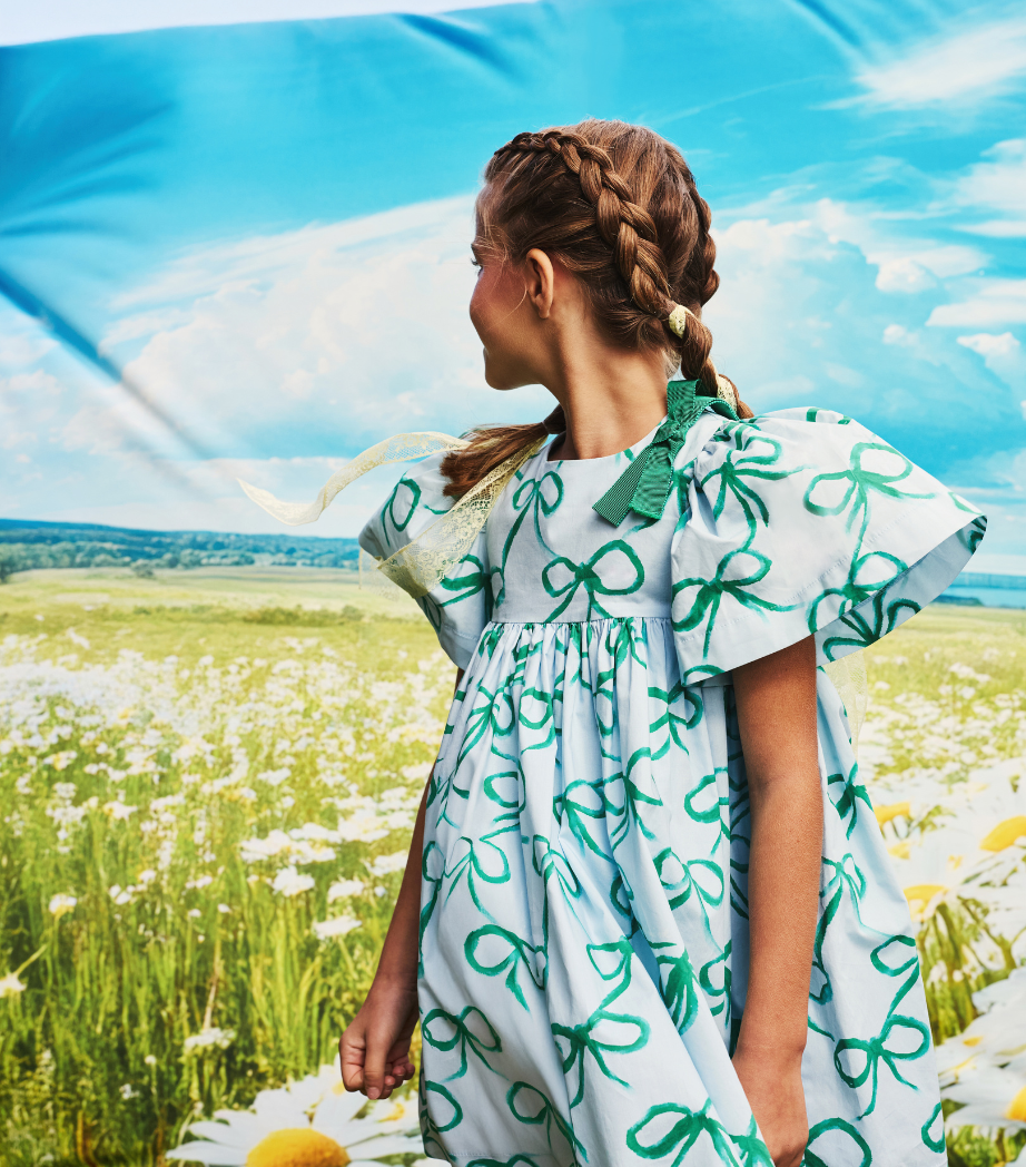 Mimisol Bow Print Cotton Dress Light Blue-Green / 4A
