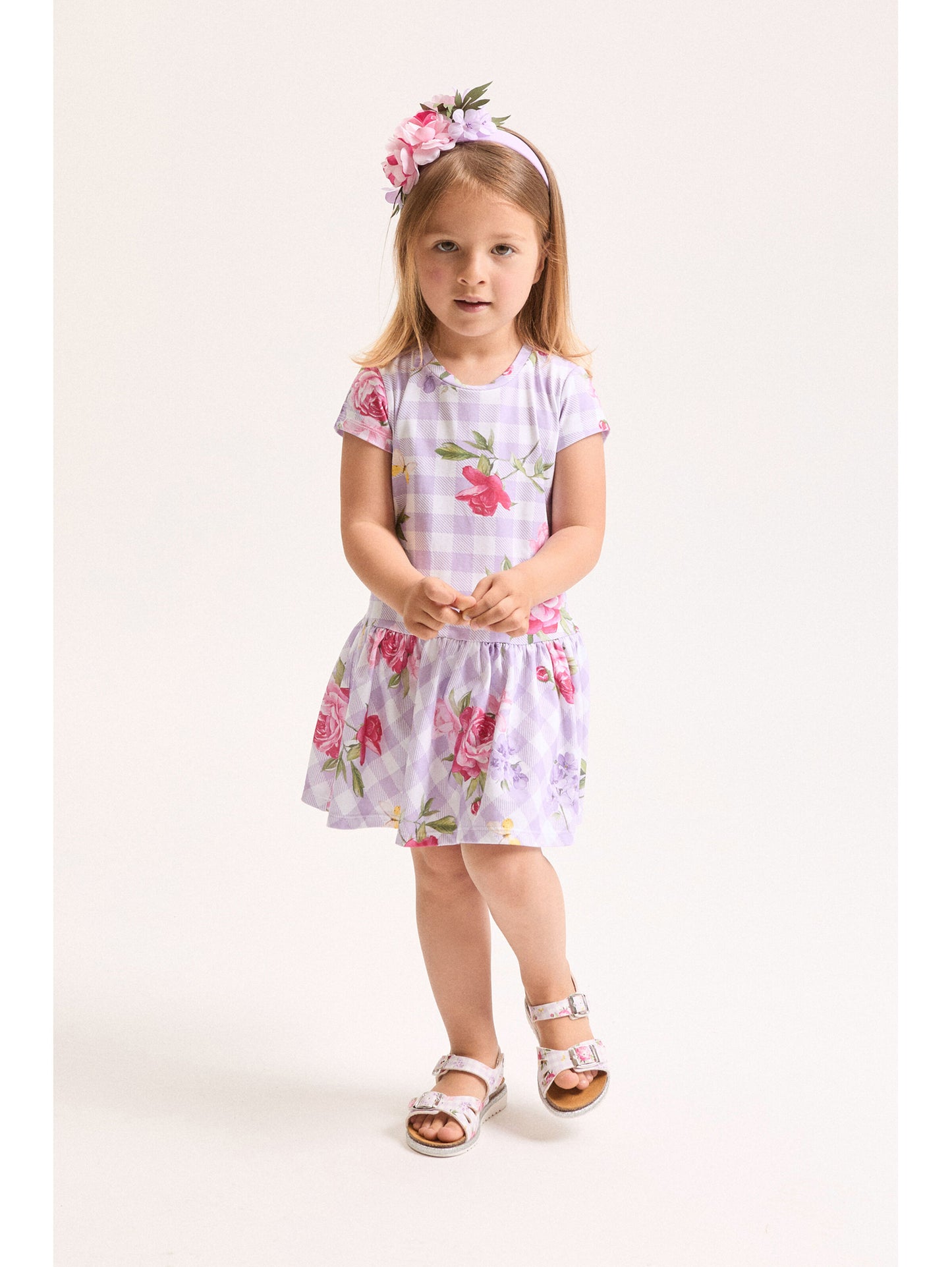 Monnalisa Plaid Bouquet Print Dress