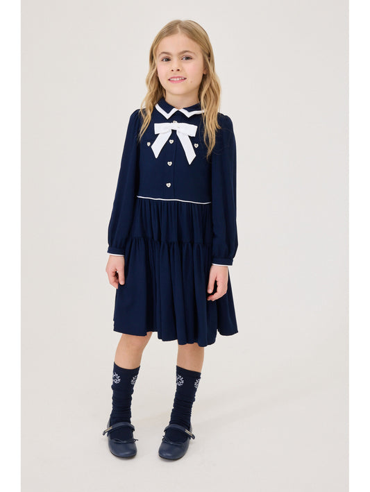 Monnalisa LS Twill Dress w/Bow Detail
