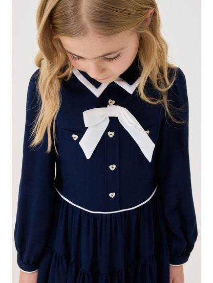 Monnalisa LS Twill Dress w/Bow Detail