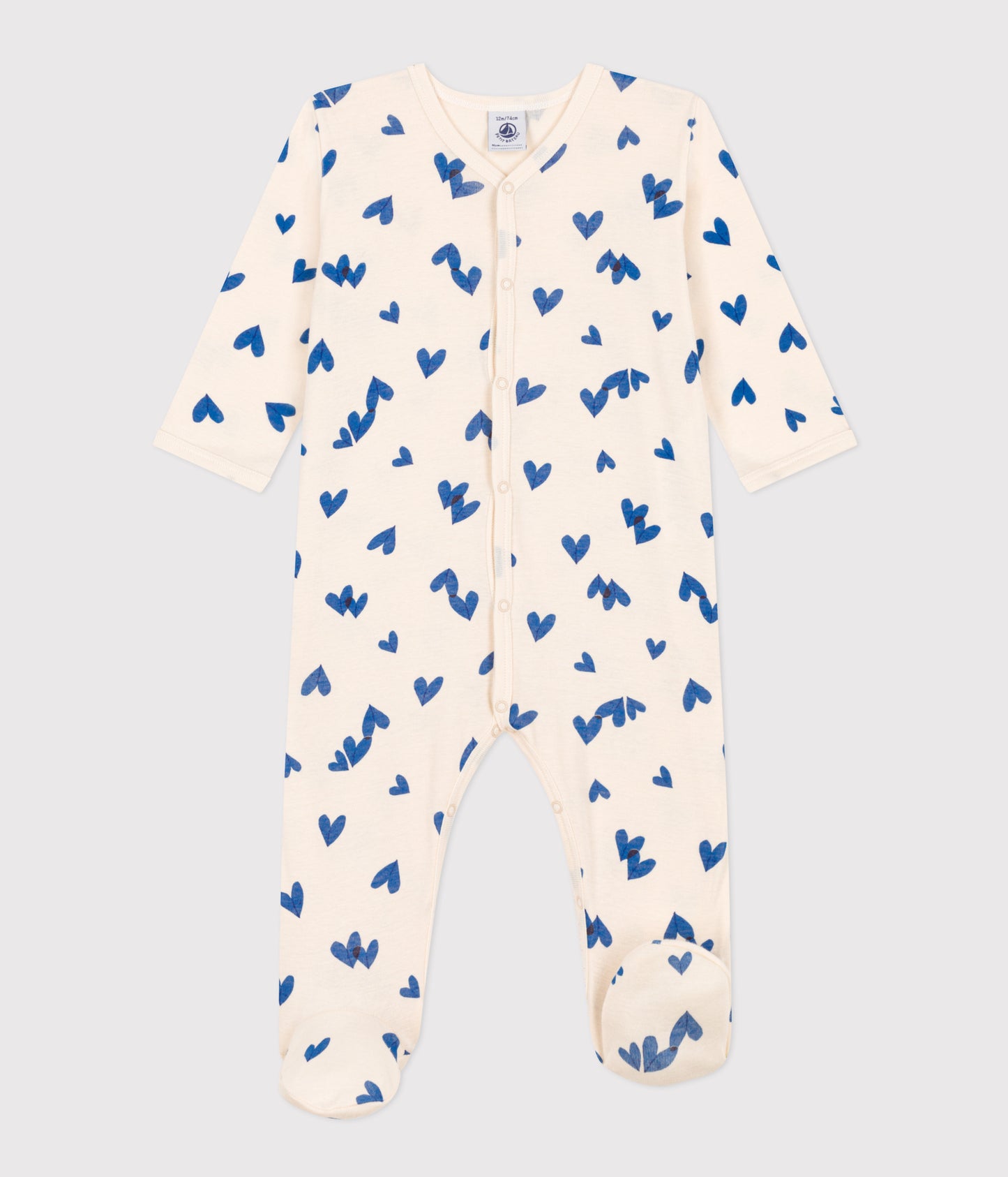 Petit Bateau Baby Girl  Front Snap  Blue Heart Print Footie