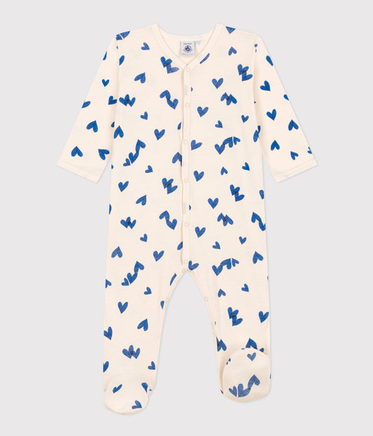 Petit Bateau Baby Girl  Front Snap  Blue Heart Print Footie