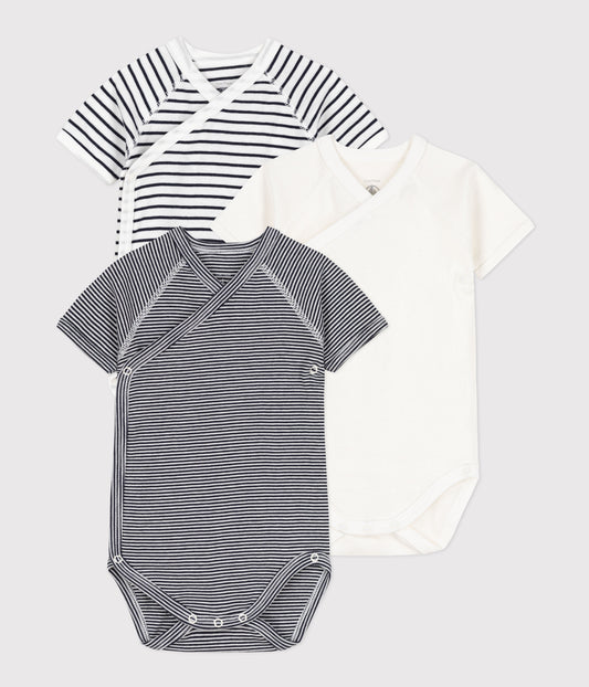 Petite Bateau Baby Boy 3Pk SS Crossover Striped Solid Bodysuits