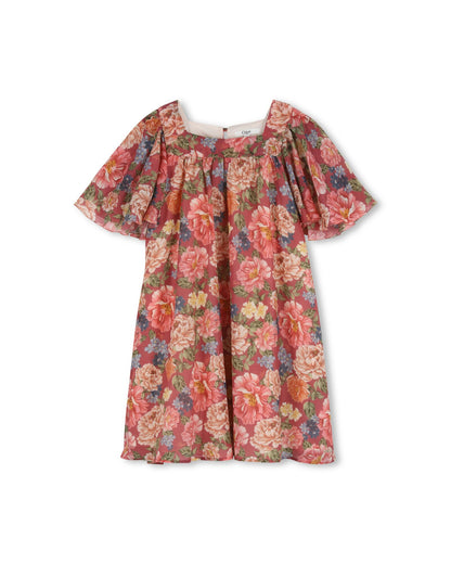 Chloe Floral Print Dress w/ Flounced Sleeves