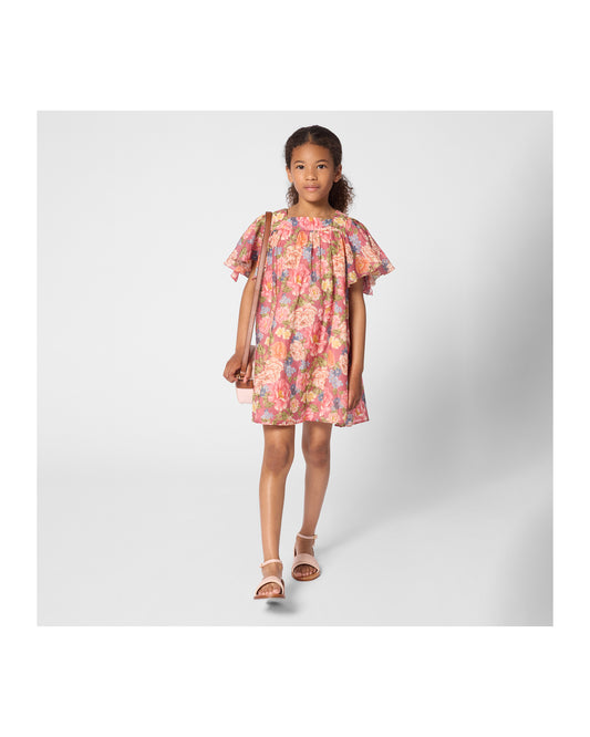 Chloe Floral Print Dress w/ Flounced Sleeves