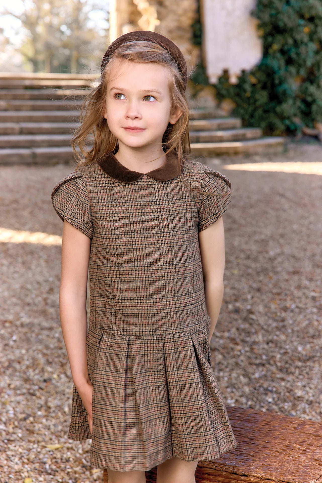 Tartine Velvet Collar Wool Check Dress