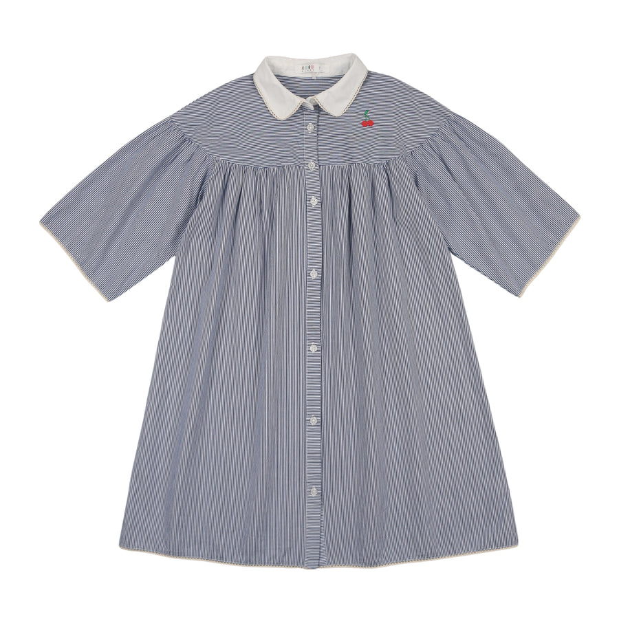 Coco Blanc Striped Collared Cherry Embro Dress