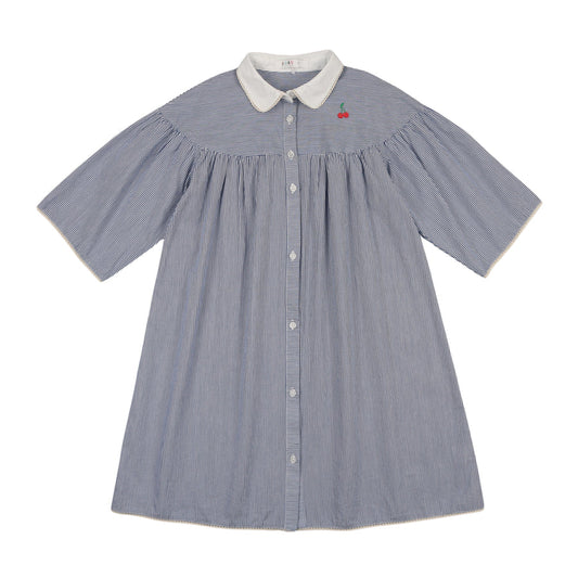 Coco Blanc Striped Collared Cherry Embro Dress