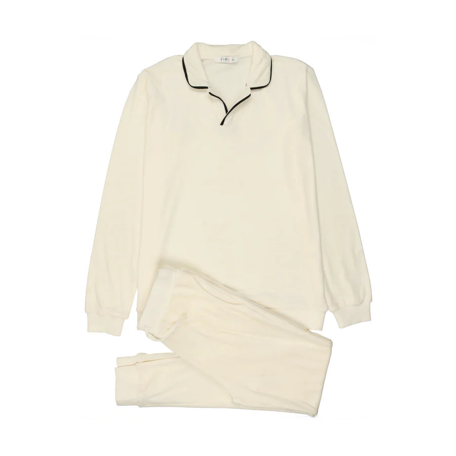Coco Blanc Velour Pajamas w/ Collar Piping