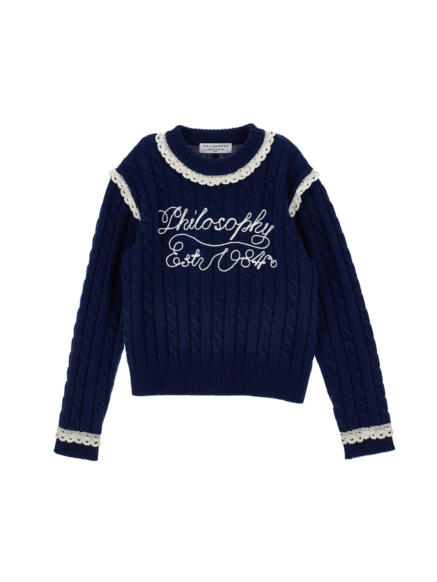 Philosophy Cable Knit Logo Sweater w/ Lace Detail