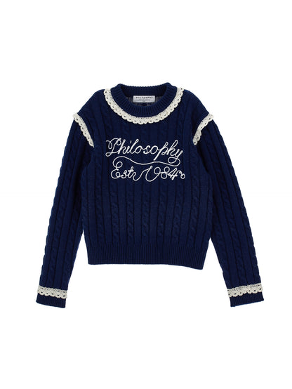 Philosophy Cable Knit Logo Sweater w/ Lace Detail