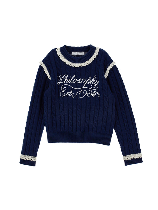 Philosophy Cable Knit Logo Sweater w/ Lace Detail