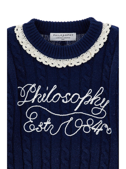 Philosophy Cable Knit Logo Sweater w/ Lace Detail