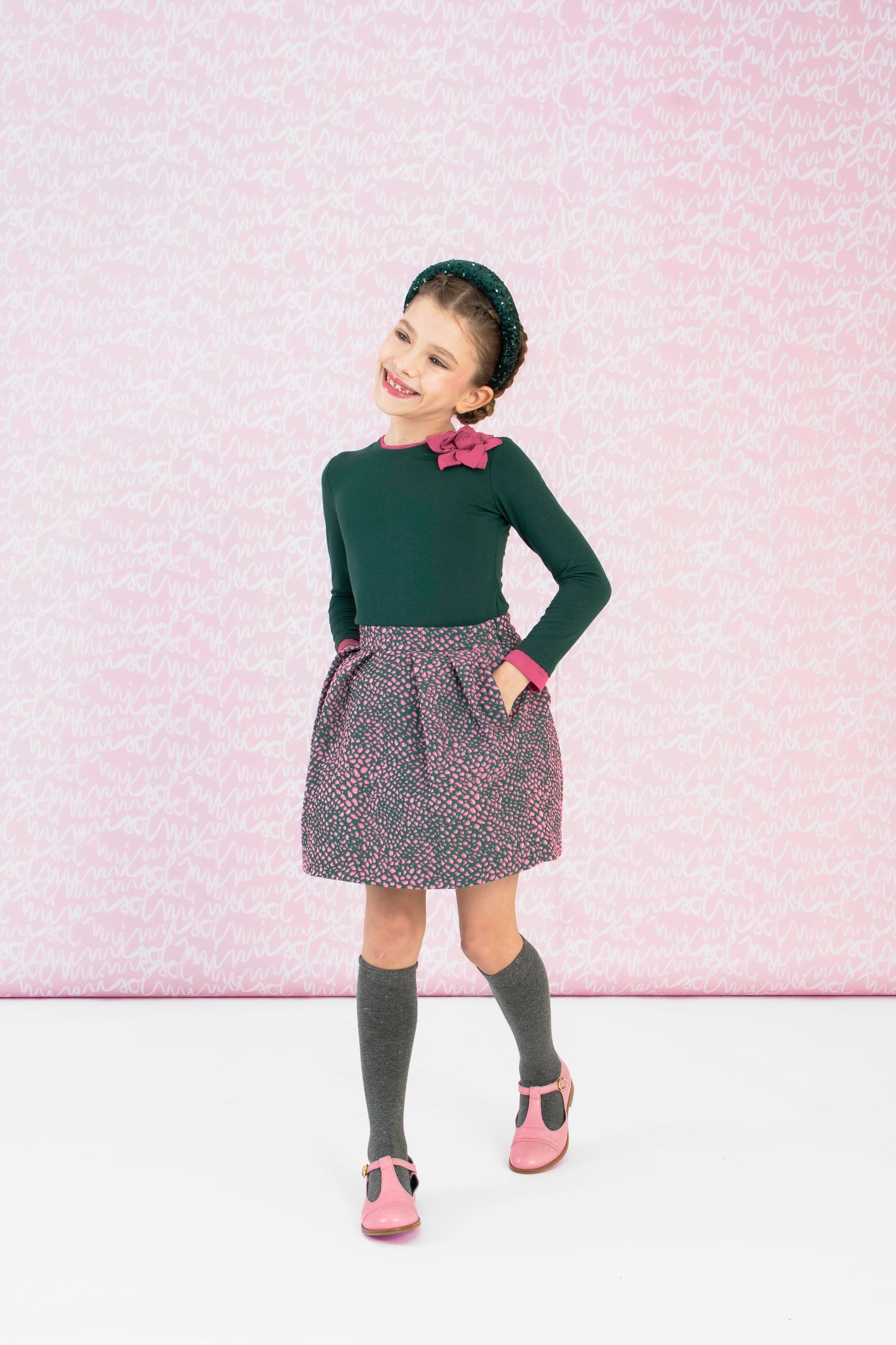 Mimisol Flower Embellished T-shirt & Jacquard Skirt Set