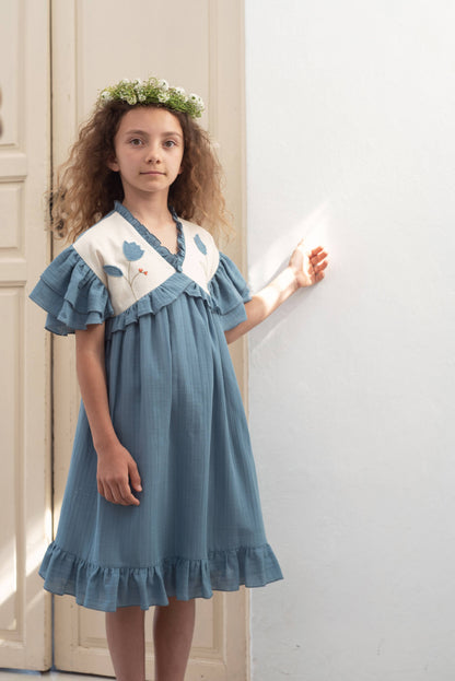 Popelin Embroidered Flower Yoke Dress
