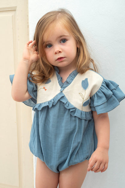 Popelin Embroidered Flower Yoke Romper