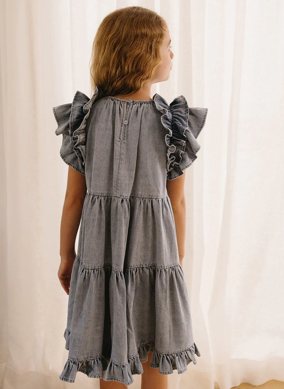 Petite Amalie Chambray Ruffle Shoulder Dress – TuesdaysChild.com