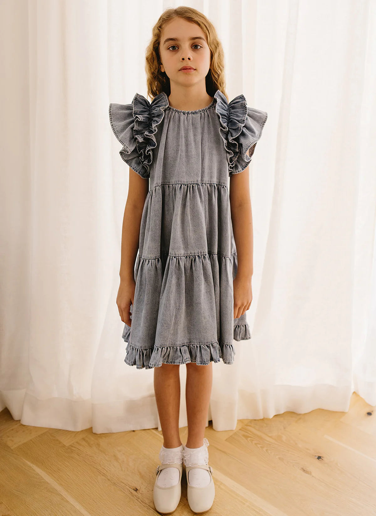 Petite Amalie Chambray Ruffle Shoulder Dress – TuesdaysChild.com
