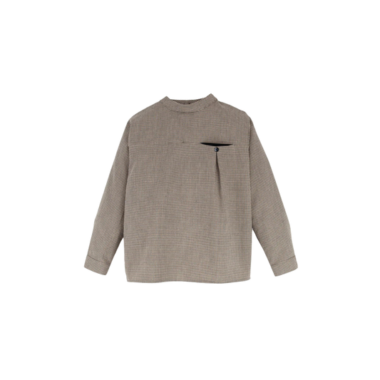 Popelin Long Sleeve Fine Check Mandarin Collar Shirt | Tuesday's Child