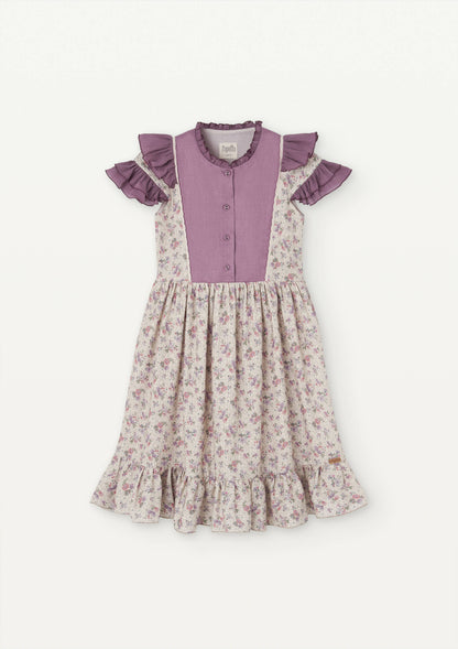 Popelin Floral Contrast Dress w/ Frills