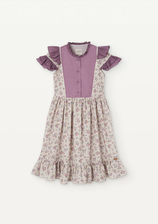 Popelin Floral Contrast Dress w/ Frills