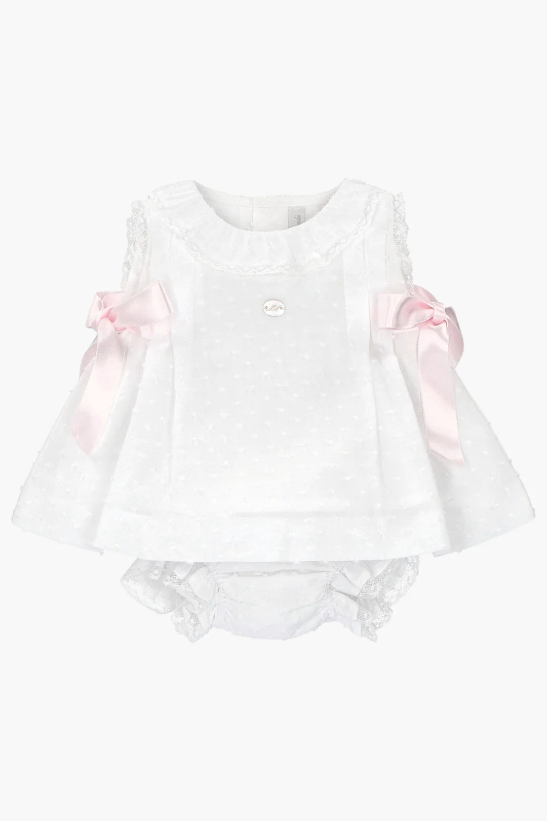 Martin Aranda 2 PC White-Baby Pink Dress & Bloomer Set