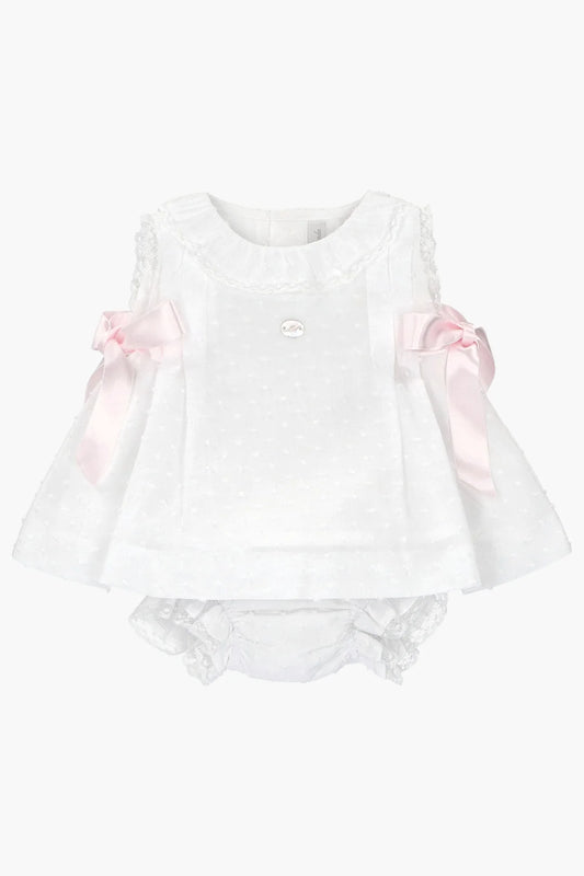 Martin Aranda 2 PC White-Baby Pink Dress & Bloomer Set