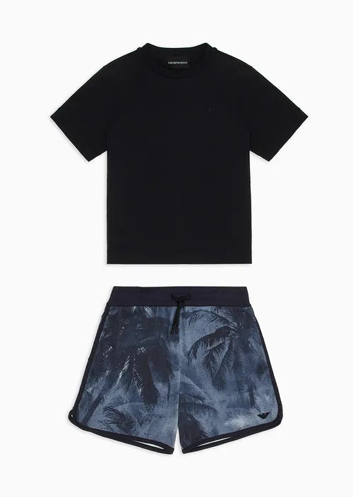 Armani Junior SS T-Shirt & Palm Tree Print Shorts Outfit