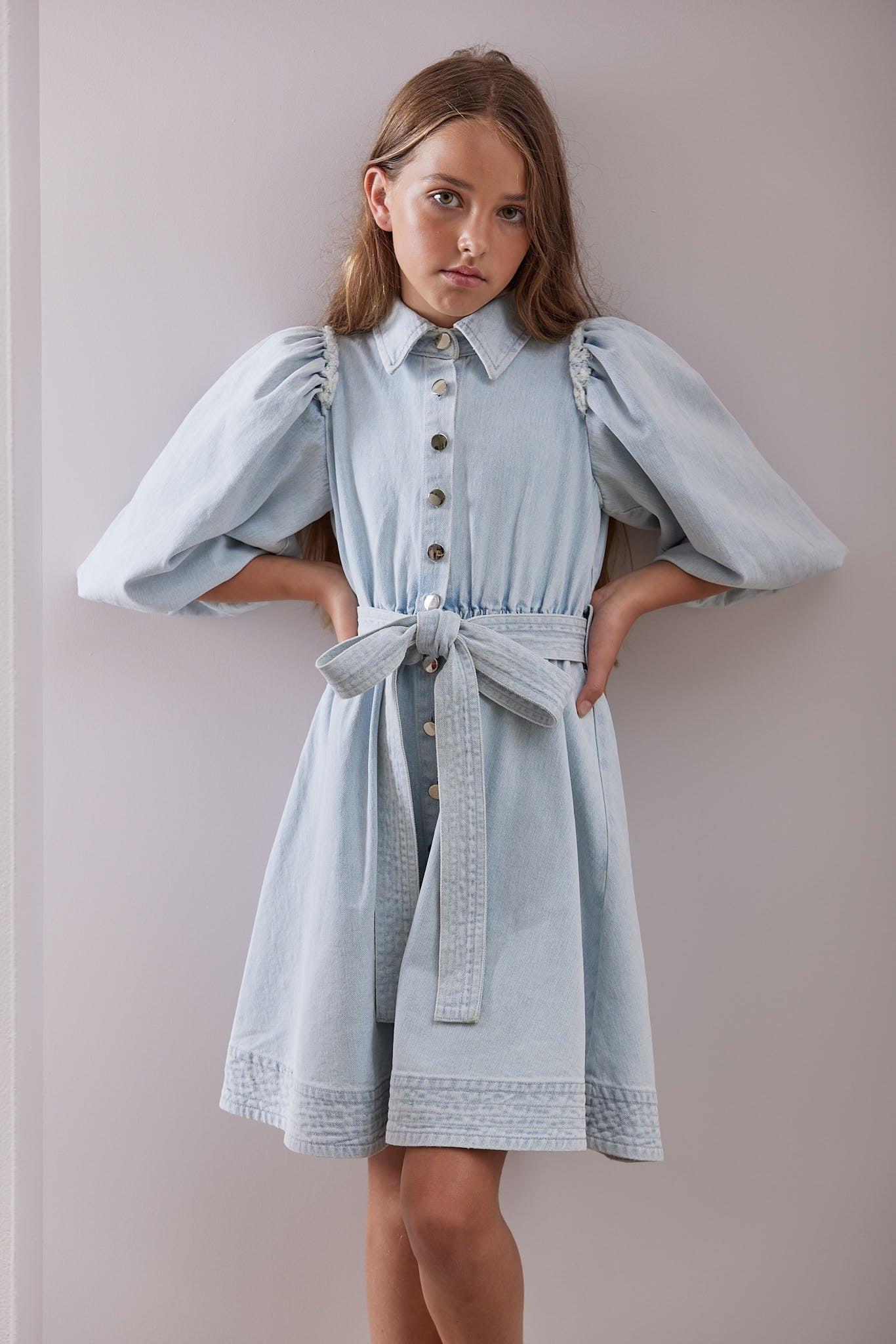 Steph Puffy Sleeved Denim Button Dress w/ Belt