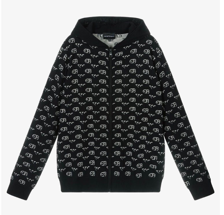 Armani Junior Allover Logo Zip Hooded Cardigan