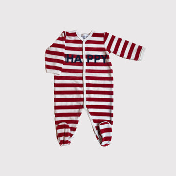 Petit Bateau Baby Front Snap Velour Striped Happy Footie