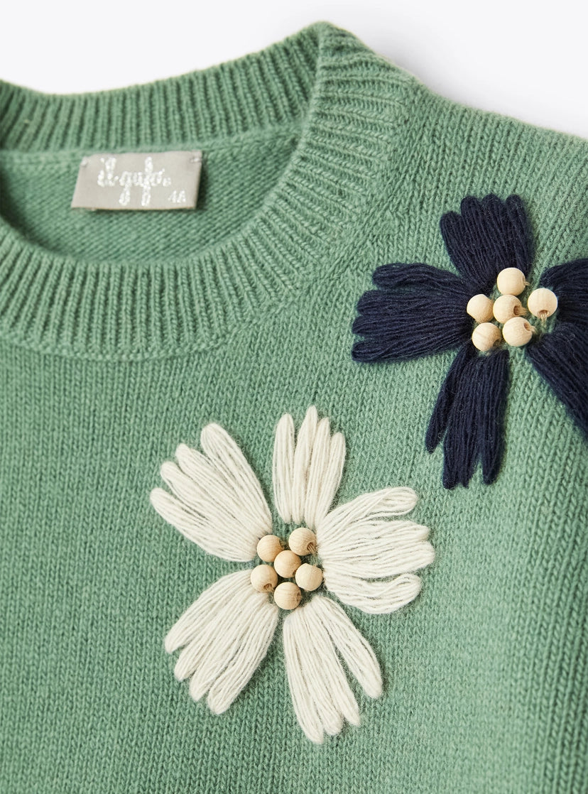 Il Gufo Girls Floral Embroidered Sweater w/ Beads