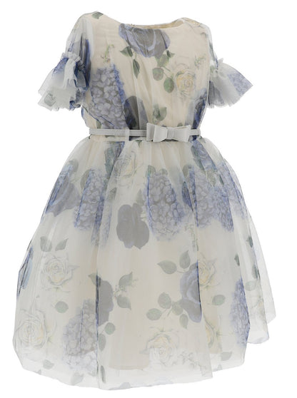 Monnalisa Floral Tulle Flutter Sleeve Dress